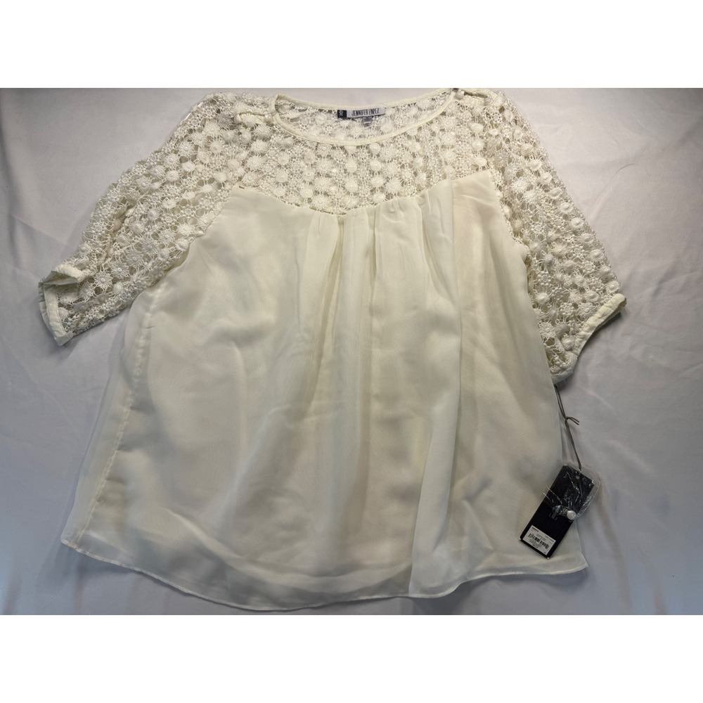 Jennifer Lopez Womens XL Bright White Crochet Lace Chiffon Blouse Miami Sunset